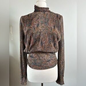 Joie, Plissé, Metallic, Accordion Pleat, Mock Neck, Paisley, Boho Luxe, Shimmer